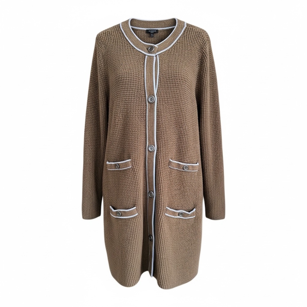 Talbots Brown Longline Knit Cardigan | Contrast Trim | Button Front | Size M